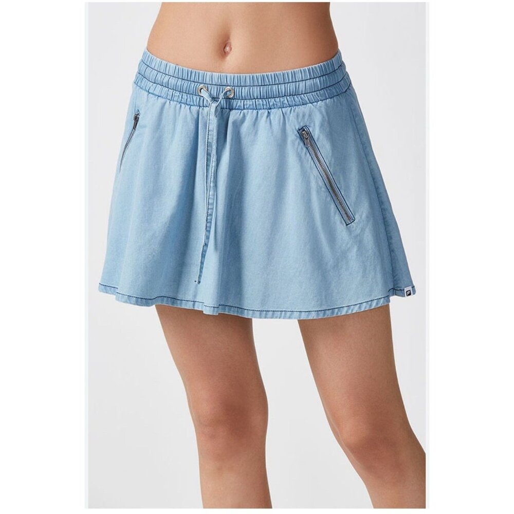 Fabletics Mikah Chambray Mini Skirt Womens S Small Drawstring Skater Pockets
